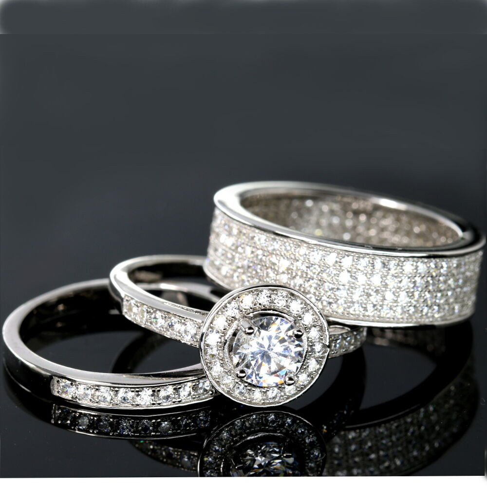 3 Piece Wedding Ring Set
 WEDDING RINGS 3 piece Halo Engagement Bridal CZ 925