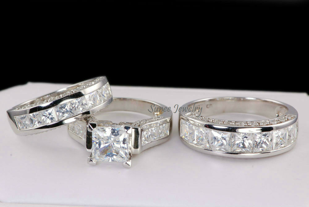 3 Piece Wedding Ring Set
 His & Hers CZ 3 Piece Sterling Silver CZ Wedding