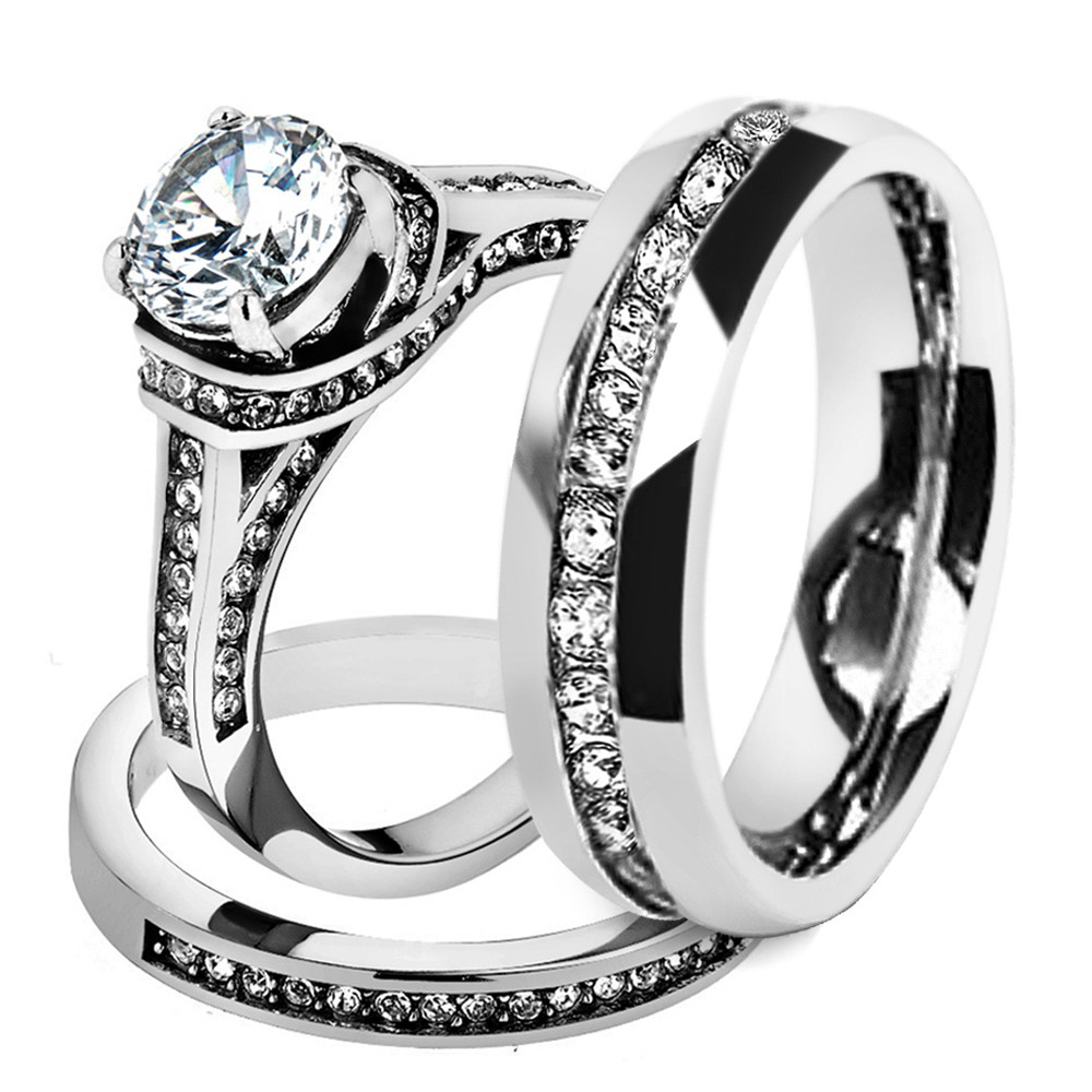3 Piece Wedding Ring Set
 His & Hers Stainless Steel 3 Piece Cz Wedding Ring Set and
