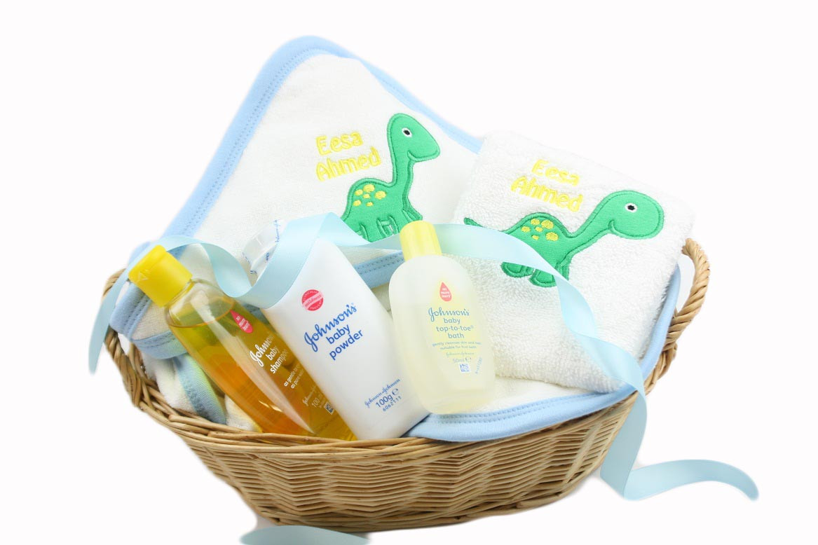Baby Basket Gift Set
 Personalised Baby Boy Gift Basket Dinosaur Hooded Towel