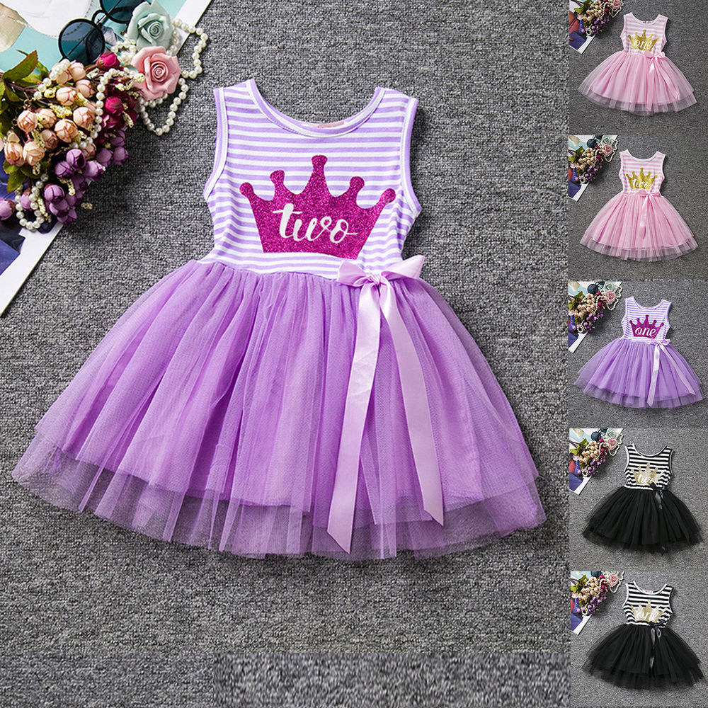 Baby Dress For Birthday Party
 Crown Toddler Baby Girl Striped Tulle Dress Princess