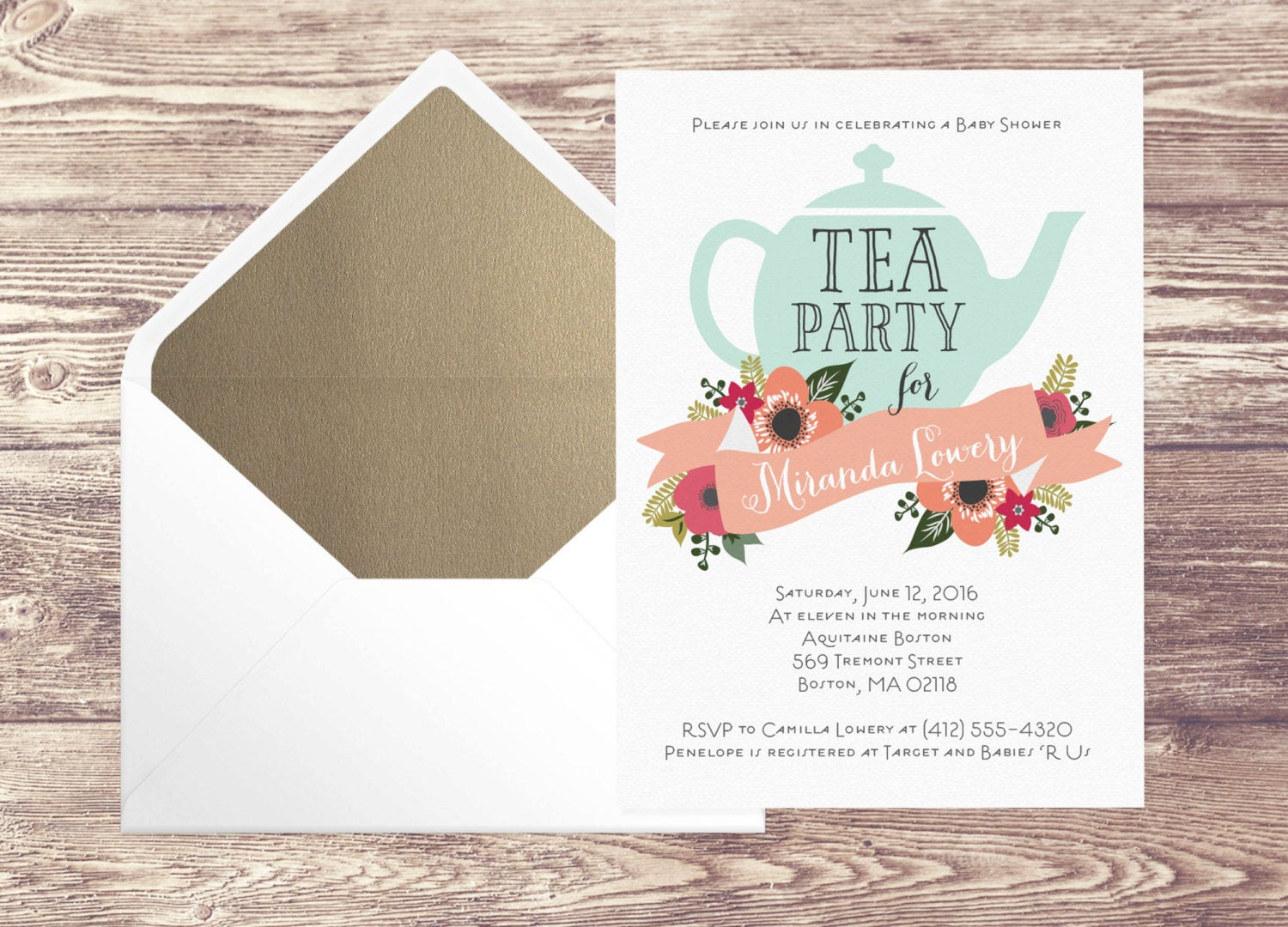 Baby Shower Invitations Tea Party
 Printed Baby Shower Tea Party Invitation with Gold Envelope