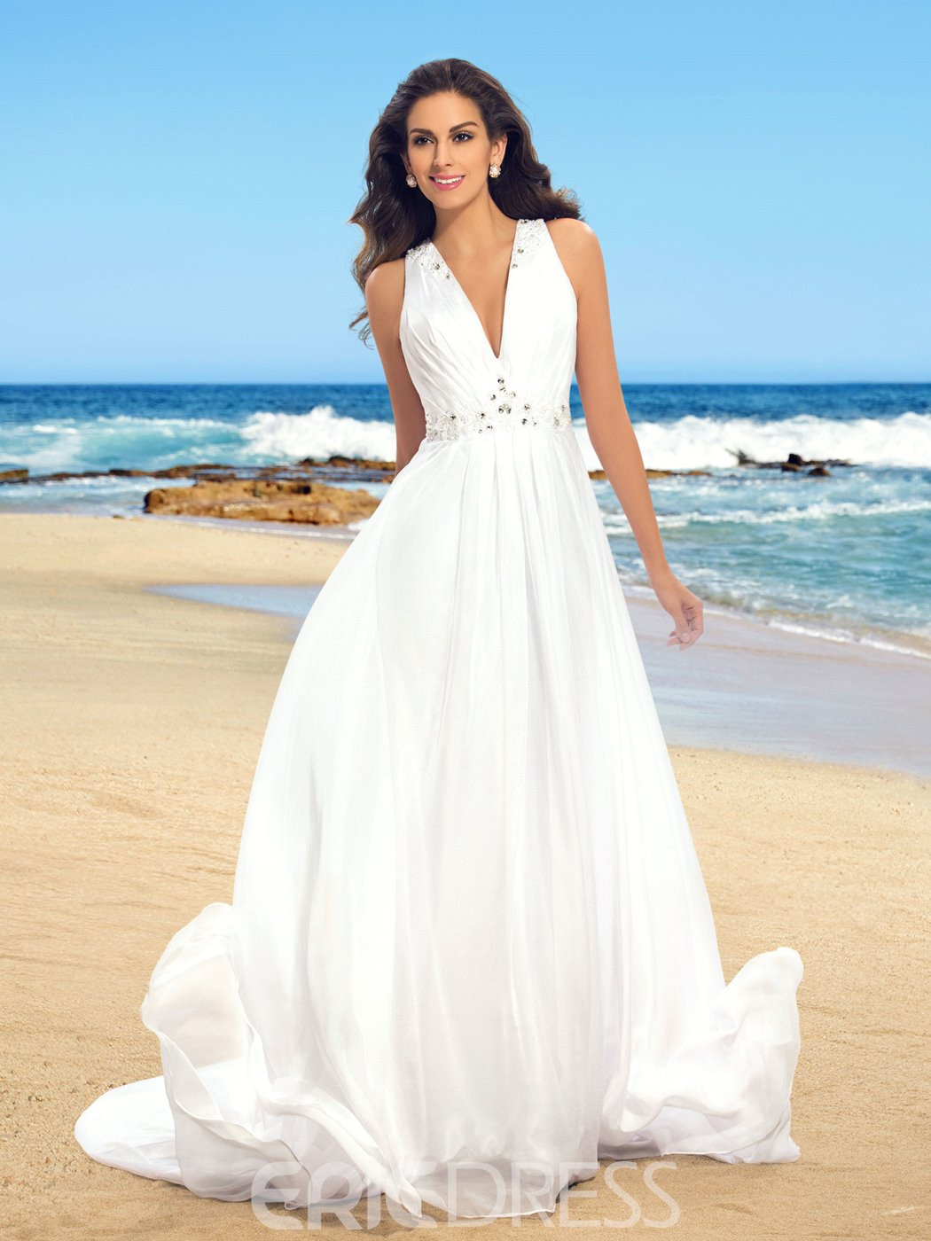 Beach Wedding Outfits
 Ericdress V Neck Button Beading Beach Wedding Dress