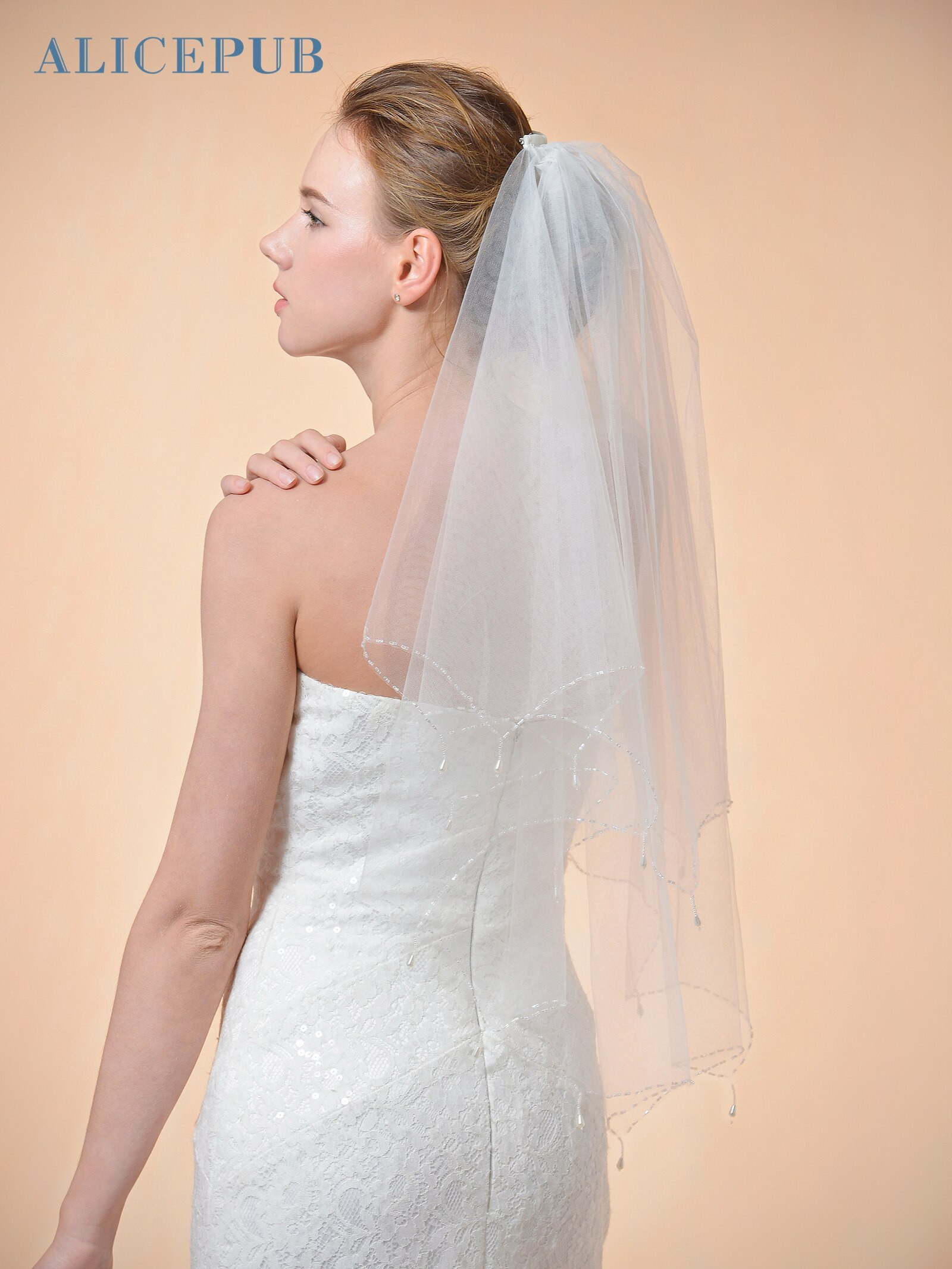 Beaded Wedding Veils Ivory
 Handmade 2 Layer Ivory Wedding Veil Elbow Length Beaded