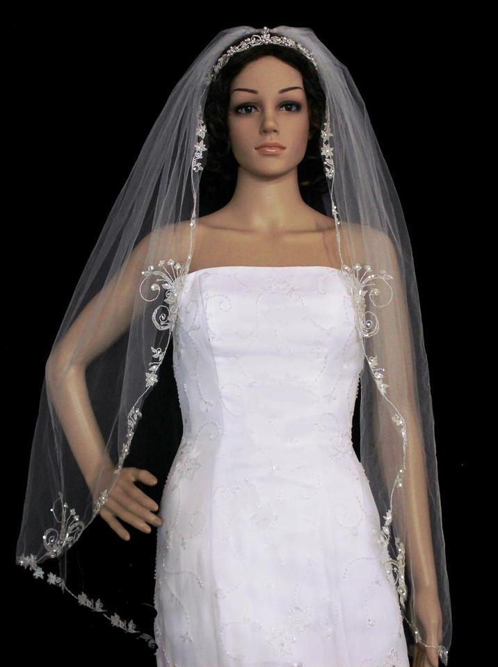 Beaded Wedding Veils Ivory
 Ivory Beaded Embroidery Fingertip Wedding Veil f