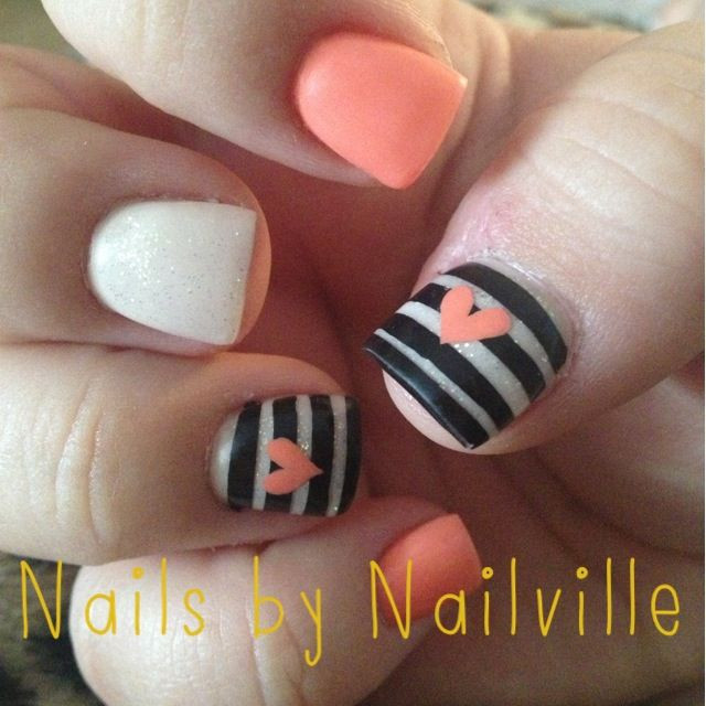 Beautiful Nails Fresno
 Striped with hearts Nails by Jamie at Nailville Fresno