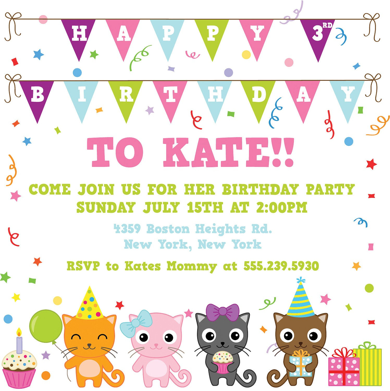 Cat Birthday Invitations
 KITTY CAT Birthday Party Themed Invitation size 3 sizes