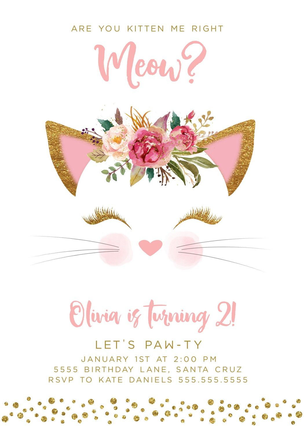 Cat Birthday Invitations
 Kitten Birthday Invitation Invites Digital Cat Pink