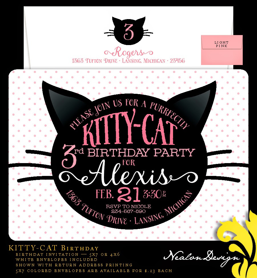Cat Birthday Invitations
 Nealon Design KITTY CAT Birthday invitation
