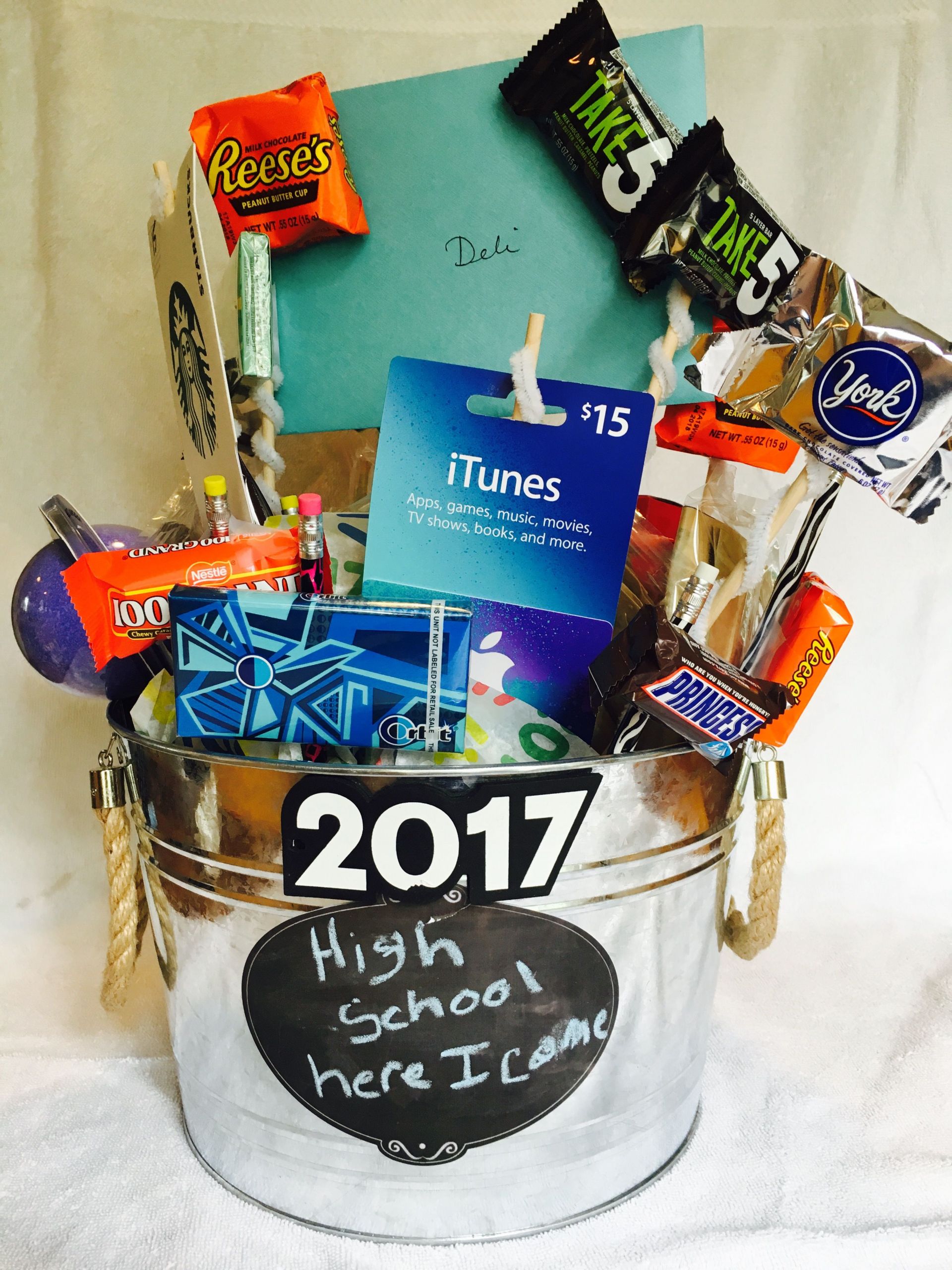 Gift Ideas For Boy High School Graduation
 A bucket full of awesome treats for a middle school