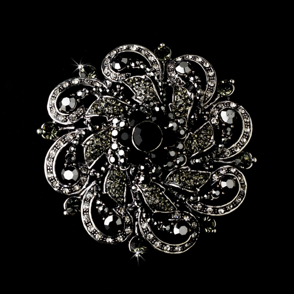 Metal Brooches
 Antique Silver w Black Rhinestones Flower Brooch 79
