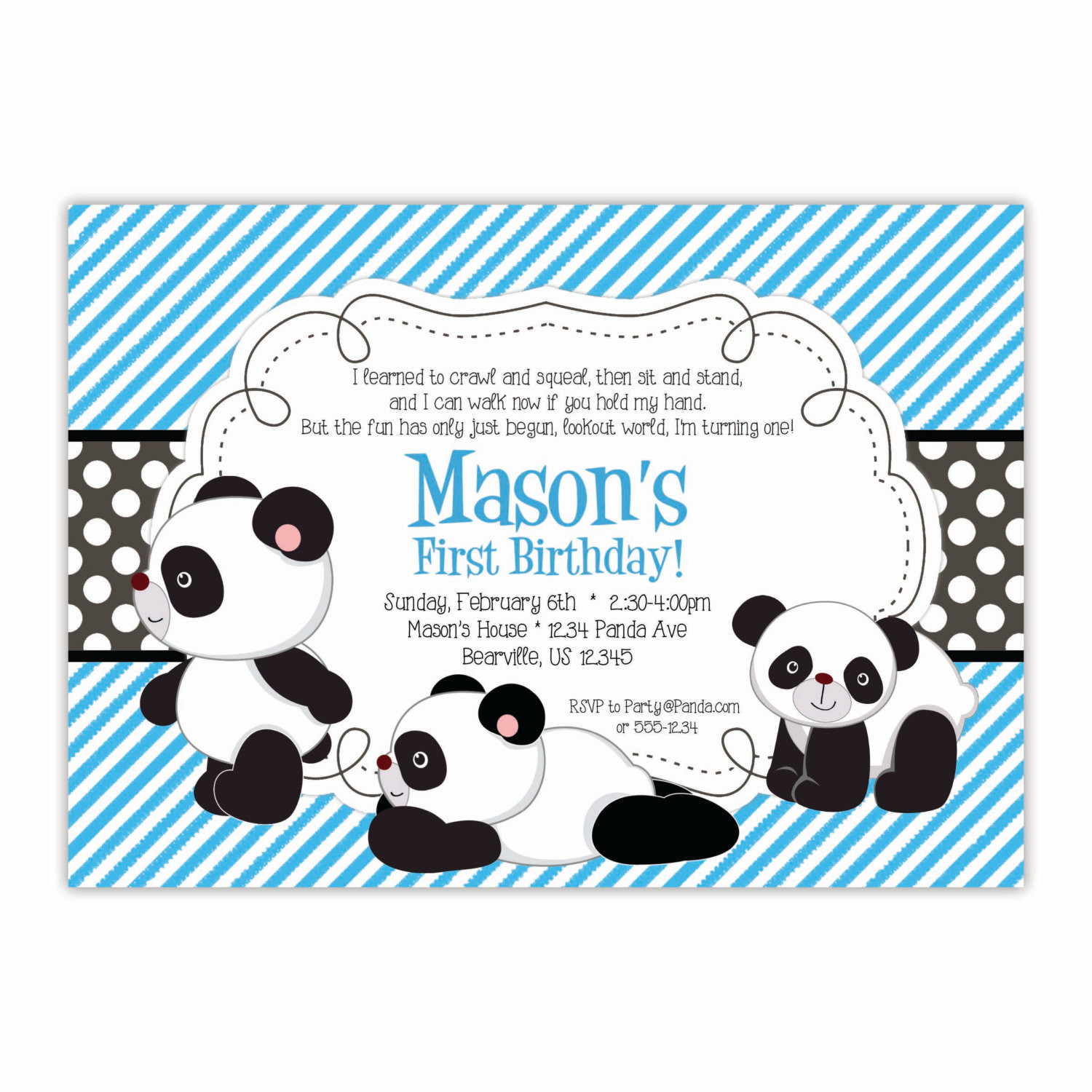 Panda Birthday Invitations
 Panda Invitation Blue Stripes Black Polka Dots Baby Panda