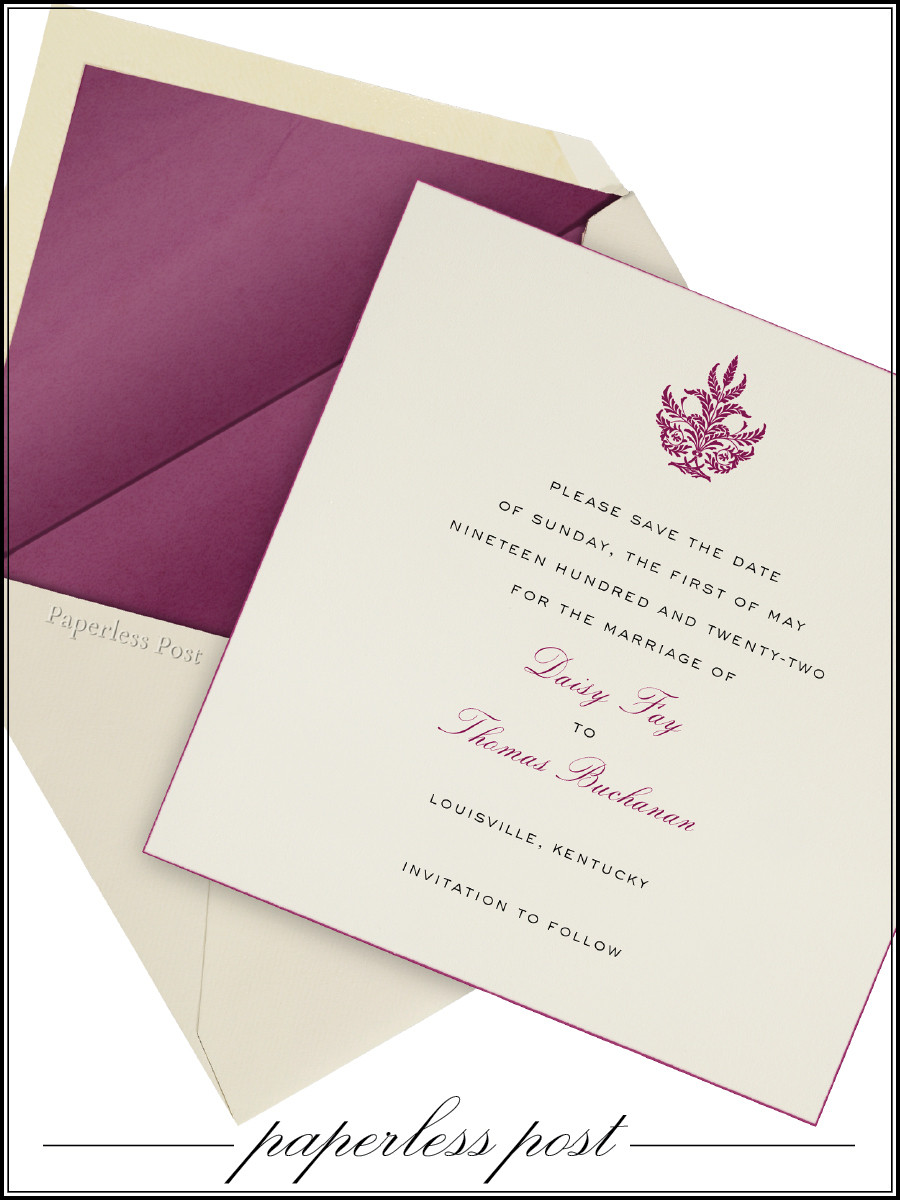 Paperless Wedding Invitations
 Cream and purple Paperless Post wedding invitation set