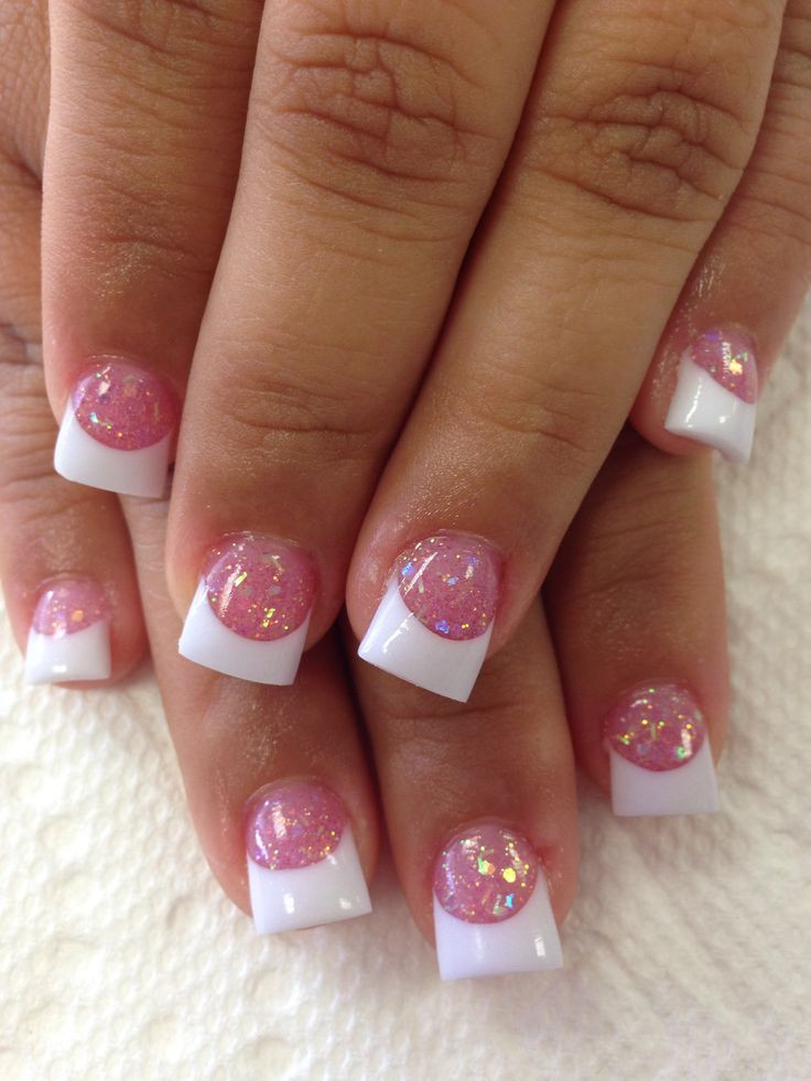 Pink And White Glitter Nails
 Love the pink glitter with white tips