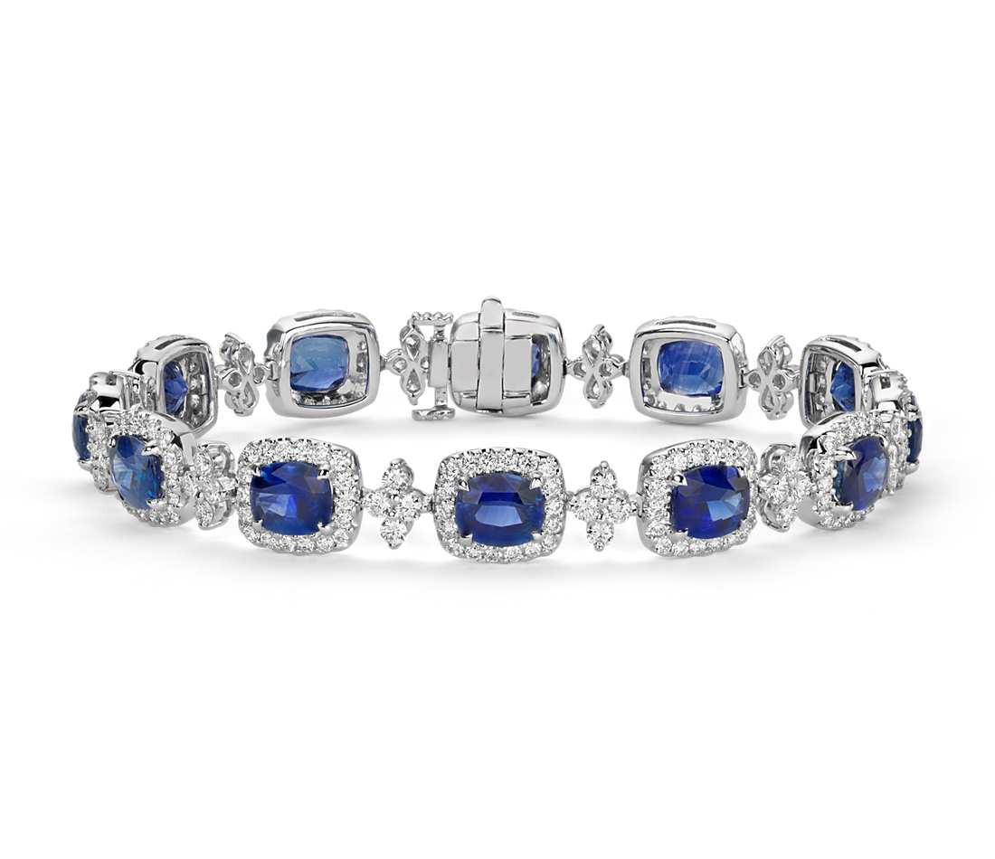 Sapphire And Diamond Bracelet
 Cushion Blue Sapphire and Halo Diamond Bracelet in 18k