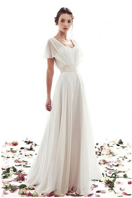 Simple Vintage Wedding Dresses
 Lace up Simple Short Sleeves A line Vintage Wedding Dress