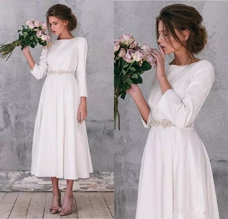 Simple Vintage Wedding Dresses
 2019 Long Sleeve Satin Wedding Dresses Vintage A Line Tea