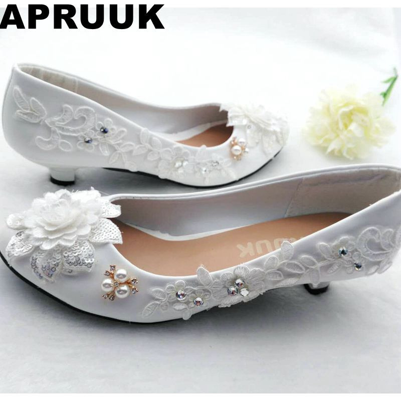 Small Heel Wedding Shoes
 Small low heel lace flowers wedding shoes bride white