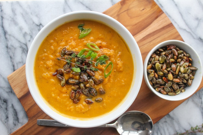 Sweet Potato Leek Soup
 Sweet Potato Leek Soup with Spicy Toasted Pumpkin Seeds
