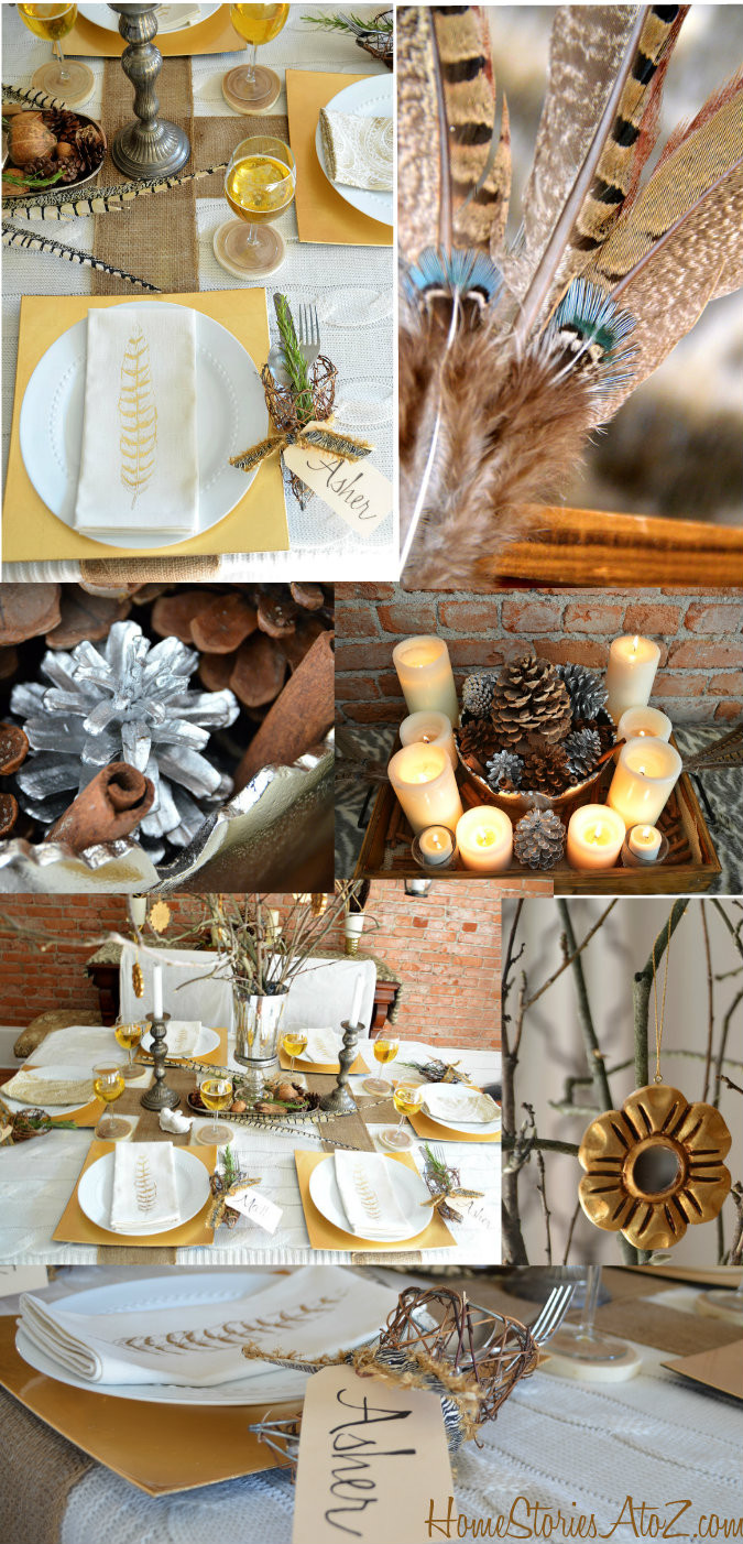 Thanksgiving Table Setting
 Natural Elements and Metallic Tablescape