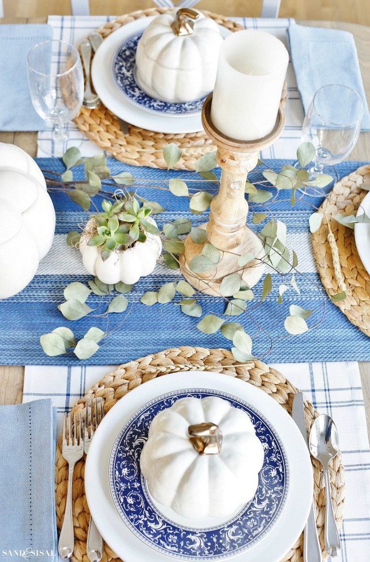 Thanksgiving Table Setting
 A Blue and White Thanksgiving Table Sand and Sisal