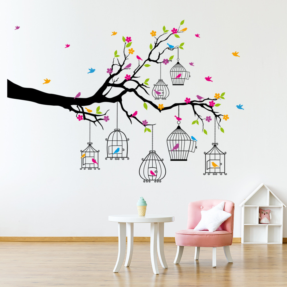 Wall Decals For Girl Bedroom
 Branch & Bird Cages Wall Sticker Animal Tree Wall Decal