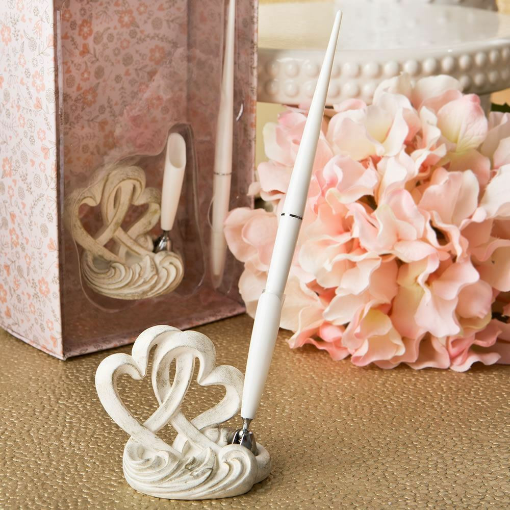 Wedding Guest Book With Pen
 Vintage Style Double Heart Design Reception Guest Book