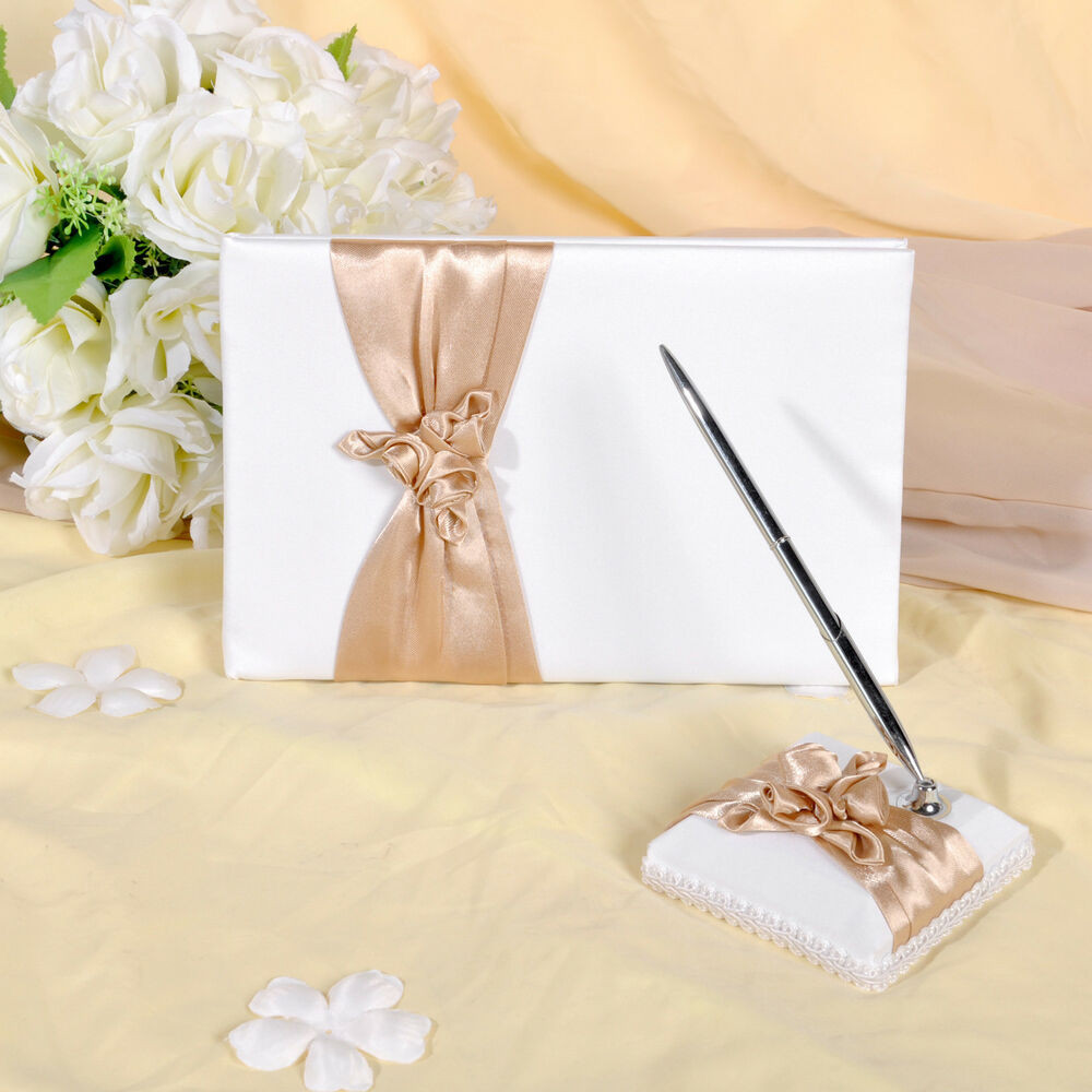 Wedding Guest Book With Pen
 GB04 Ivory with champagne Wedding Guest Book & Pen Set