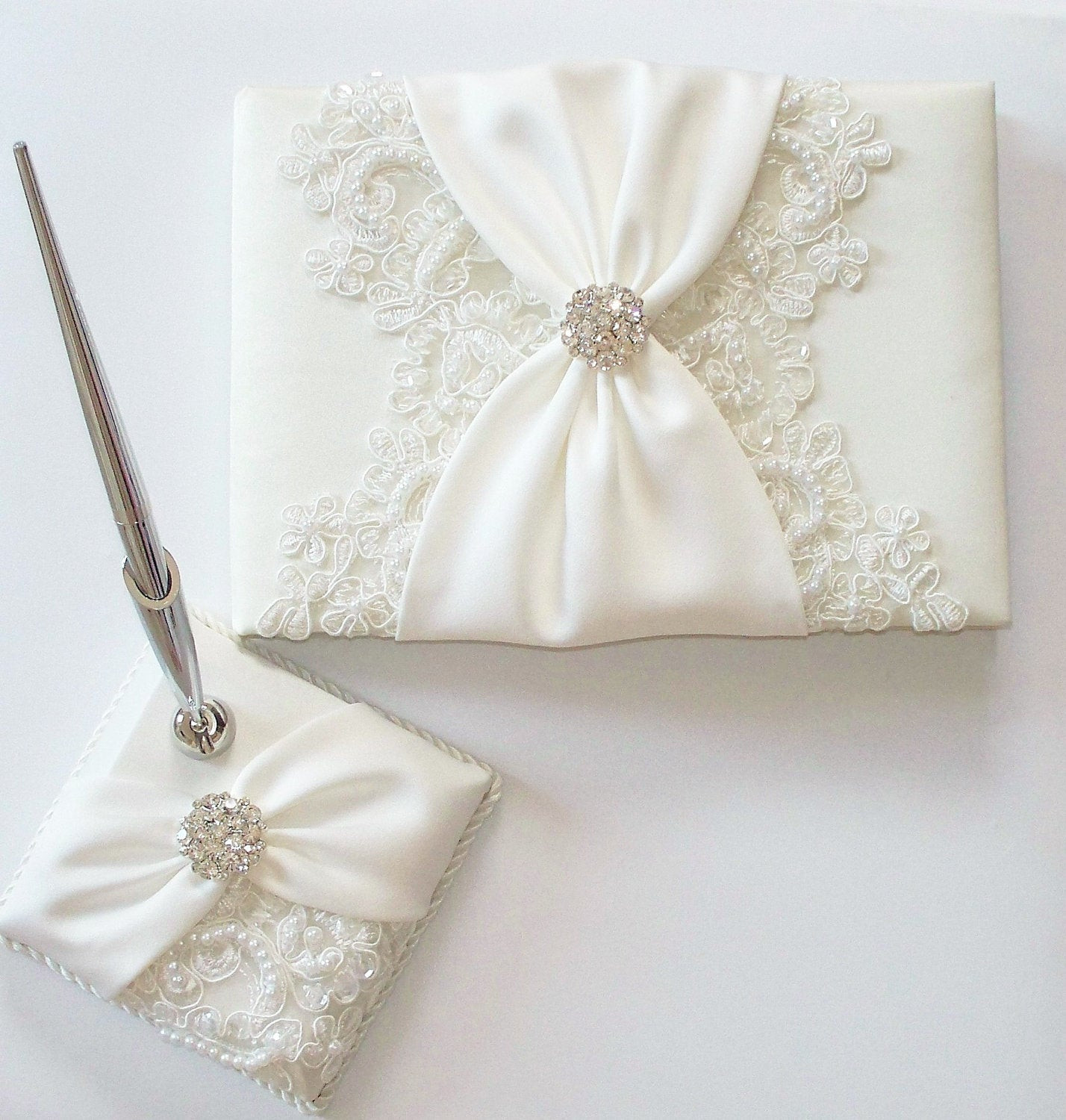 Wedding Guest Book With Pen
 Wedding Guest Book and Pen Set with Beaded Alencon Lace Ivory