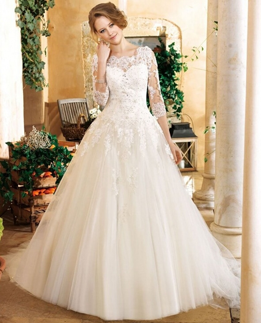 White Ball Gown Wedding Dresses
 Elegant White Beaded Sequin Tulle Vintage Lace Princess