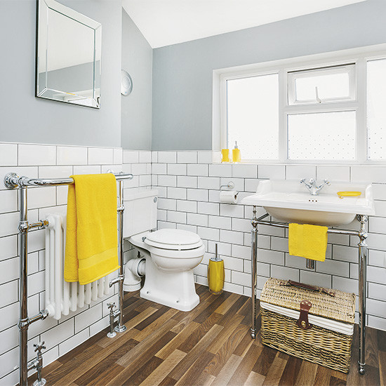 Yellow And Gray Bathroom Decor
 White and grey bathroom with yellow accents and faux wood