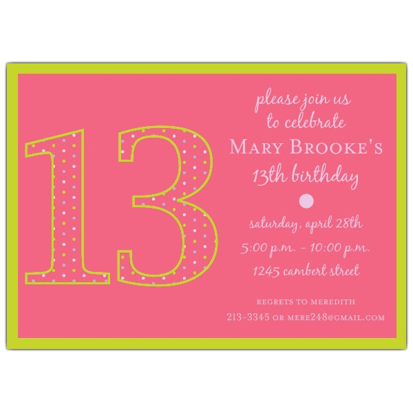 13th Birthday Invitation Wording
 13th Birthday Girl Dots Invitations