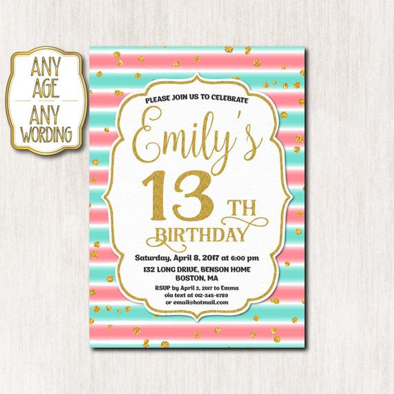 13th Birthday Invitation Wording
 13th birthday invitation Thirteenth birthday Gold glitter