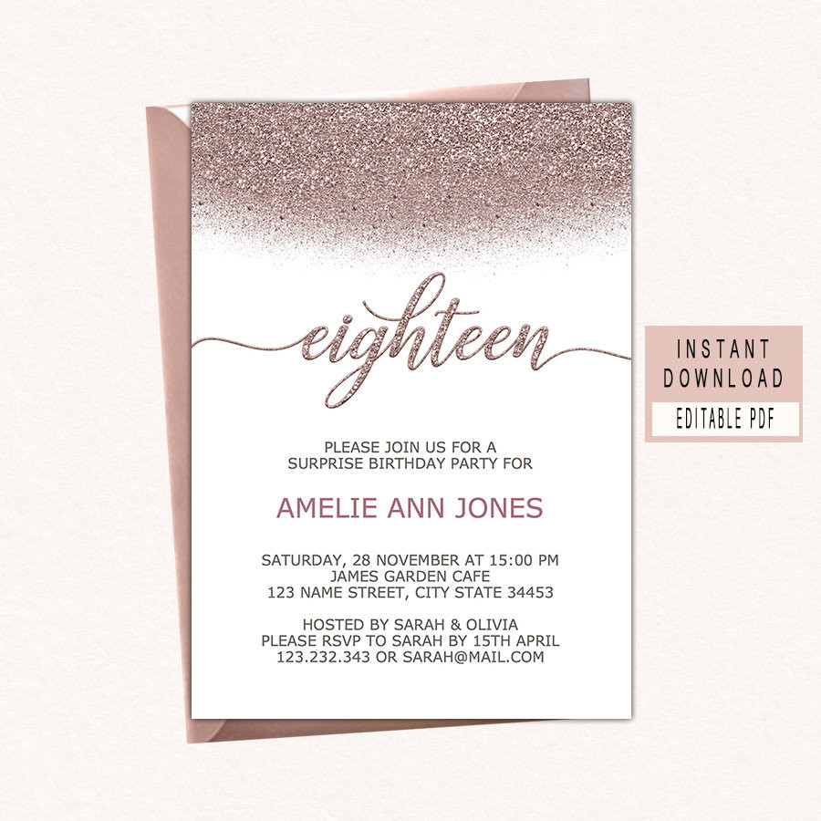 18th Birthday Invitation
 18th birthday invitation in rose gold eighteenth birthday