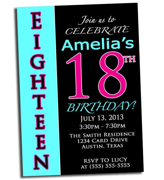 18th Birthday Invitation
 Items similar to 18th Birthday Party Invitation Pink Black