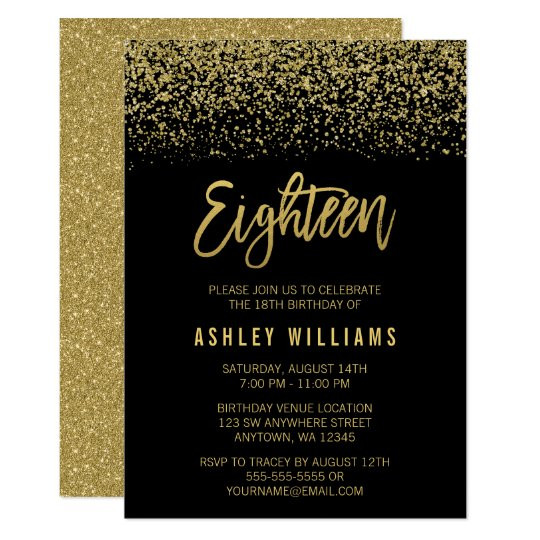 18th Birthday Invitation
 Modern Black Gold Faux Glitter 18th Birthday Invitation