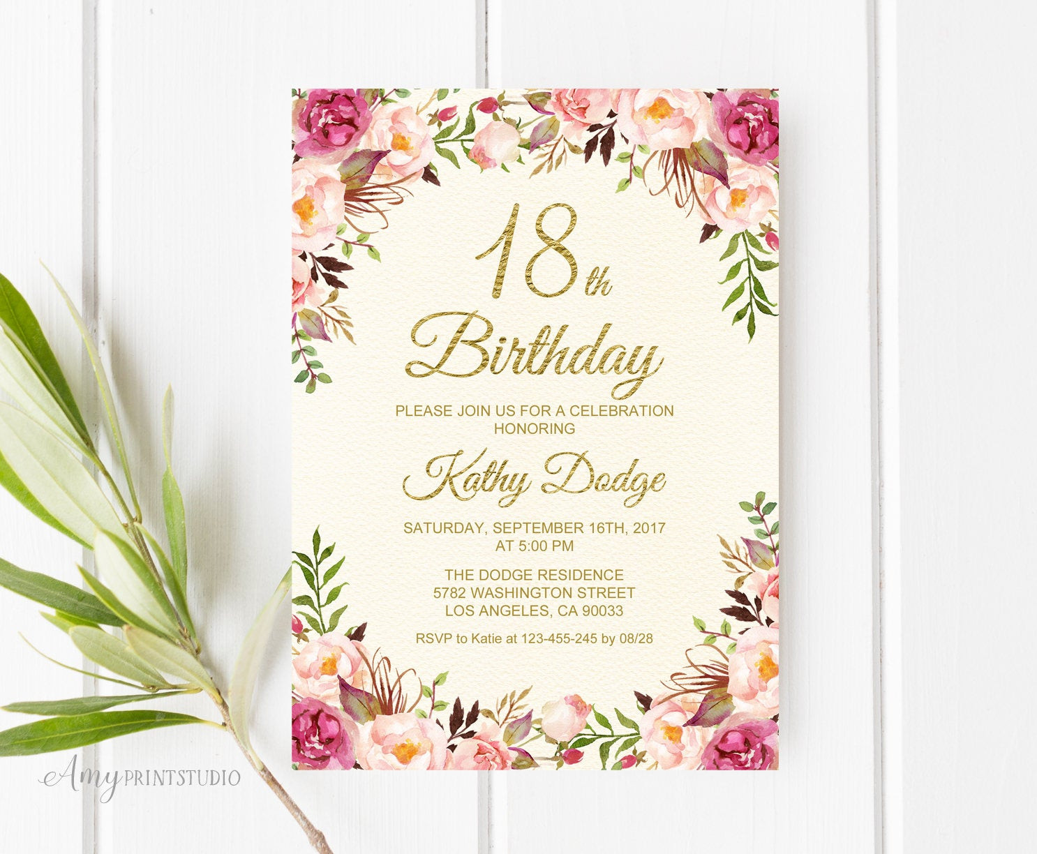 18th Birthday Invitations
 18th Birthday Invitation Floral Cream Birthday Invitation
