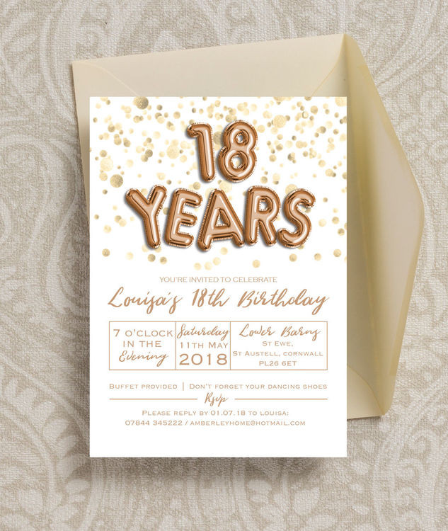 18th Birthday Invitations
 Gold Balloon Letters 18th Birthday Party Invitation from £
