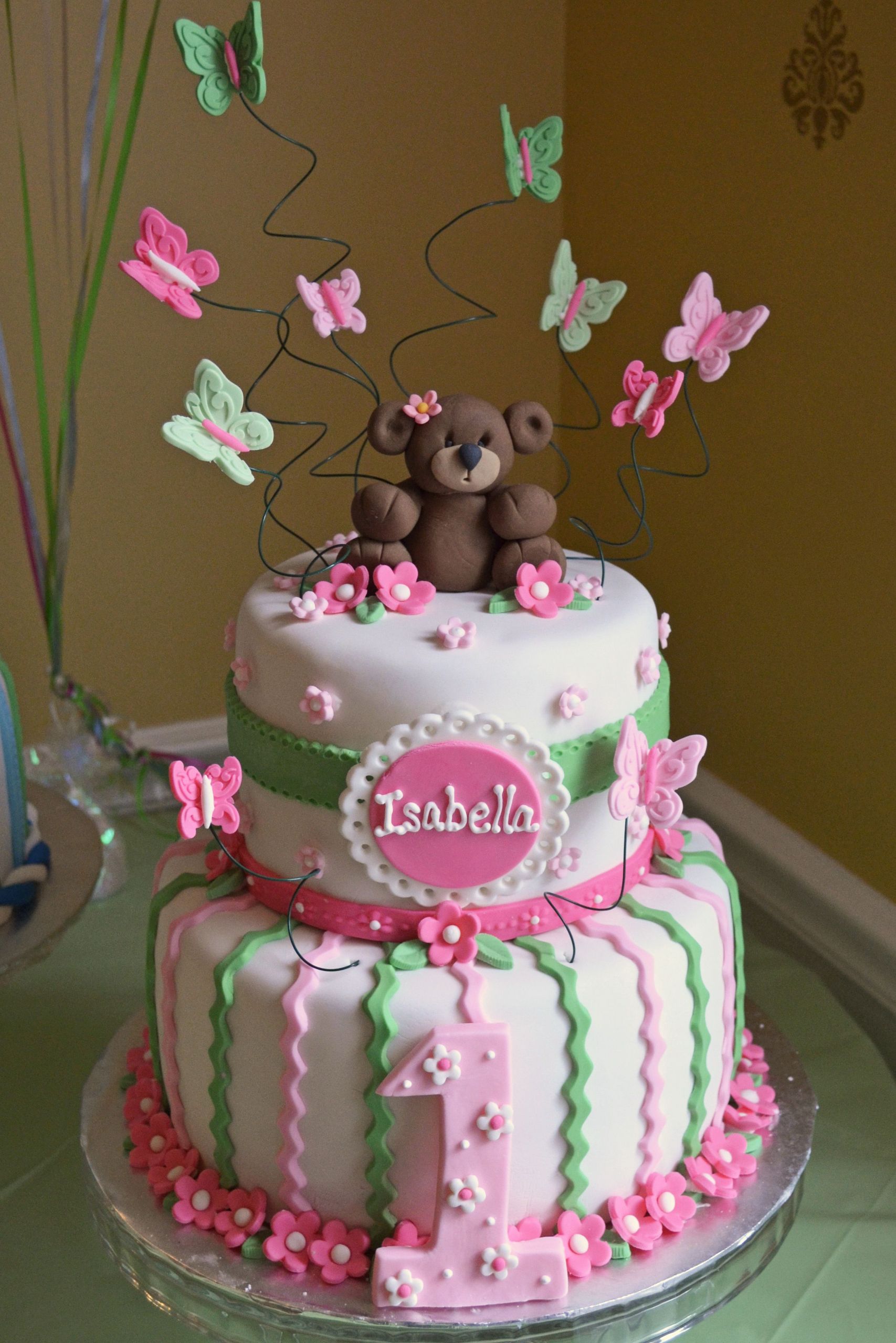 1st Birthday Cake For Girl
 Girl 1st birthday cake pink and green bears and