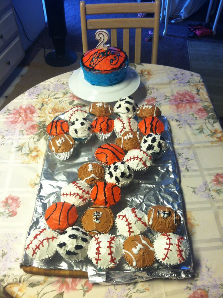2Nd Birthday Boy Gift Ideas
 Boy 2nd Birthday Cupcakes Baseball Basketball Football