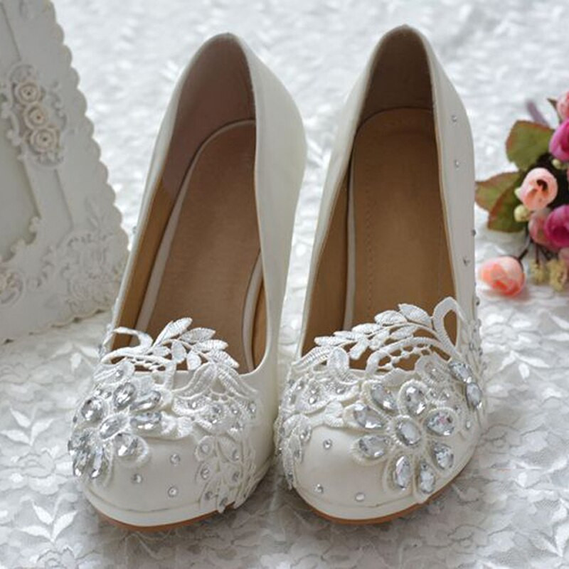 3 Inch Wedding Shoes
 Custom Made White Lace Rhinestone Bridal Shoes 3 Inch Prom