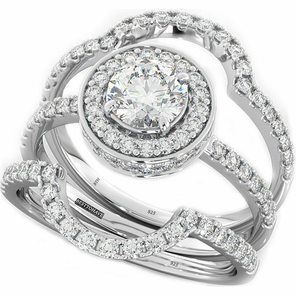 3 Piece Wedding Ring Set
 4 9ct 925 Silver La s 3 piece Wedding Engagement Round