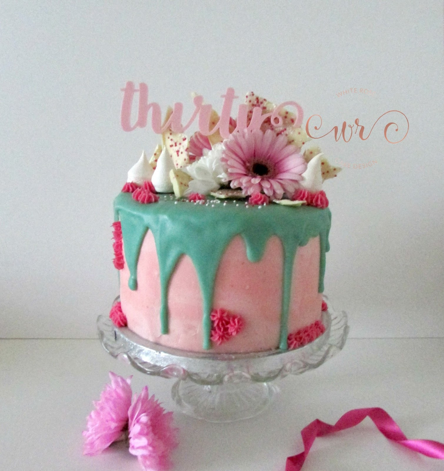 30th Birthday Cake Ideas For Her
 Pink and Teal Drippy 30th Birthday Cake White Rose Cake
