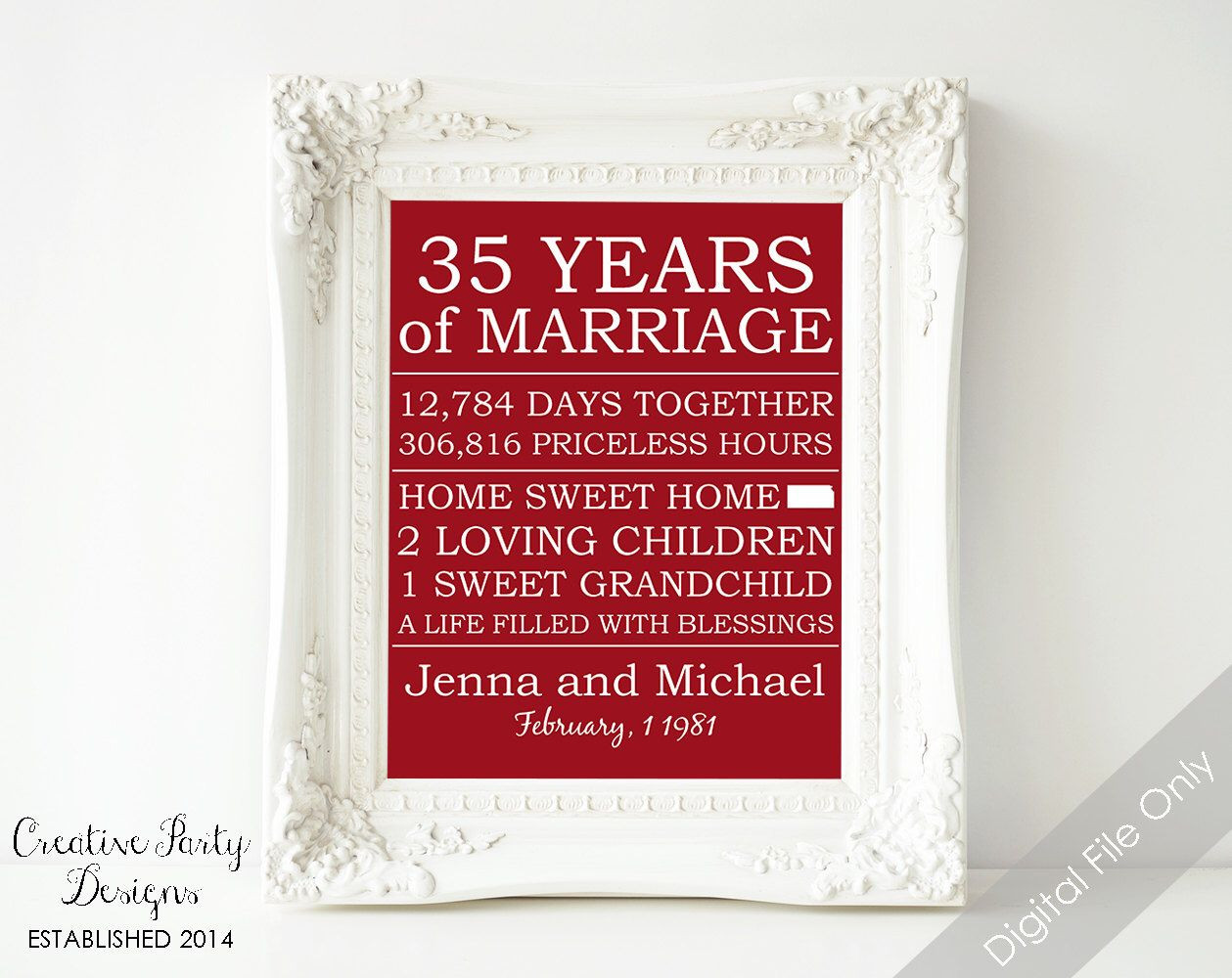 35Th Wedding Anniversary Gift Ideas For Parents
 35th Anniversary Gift Personalized Anniversary Gift for