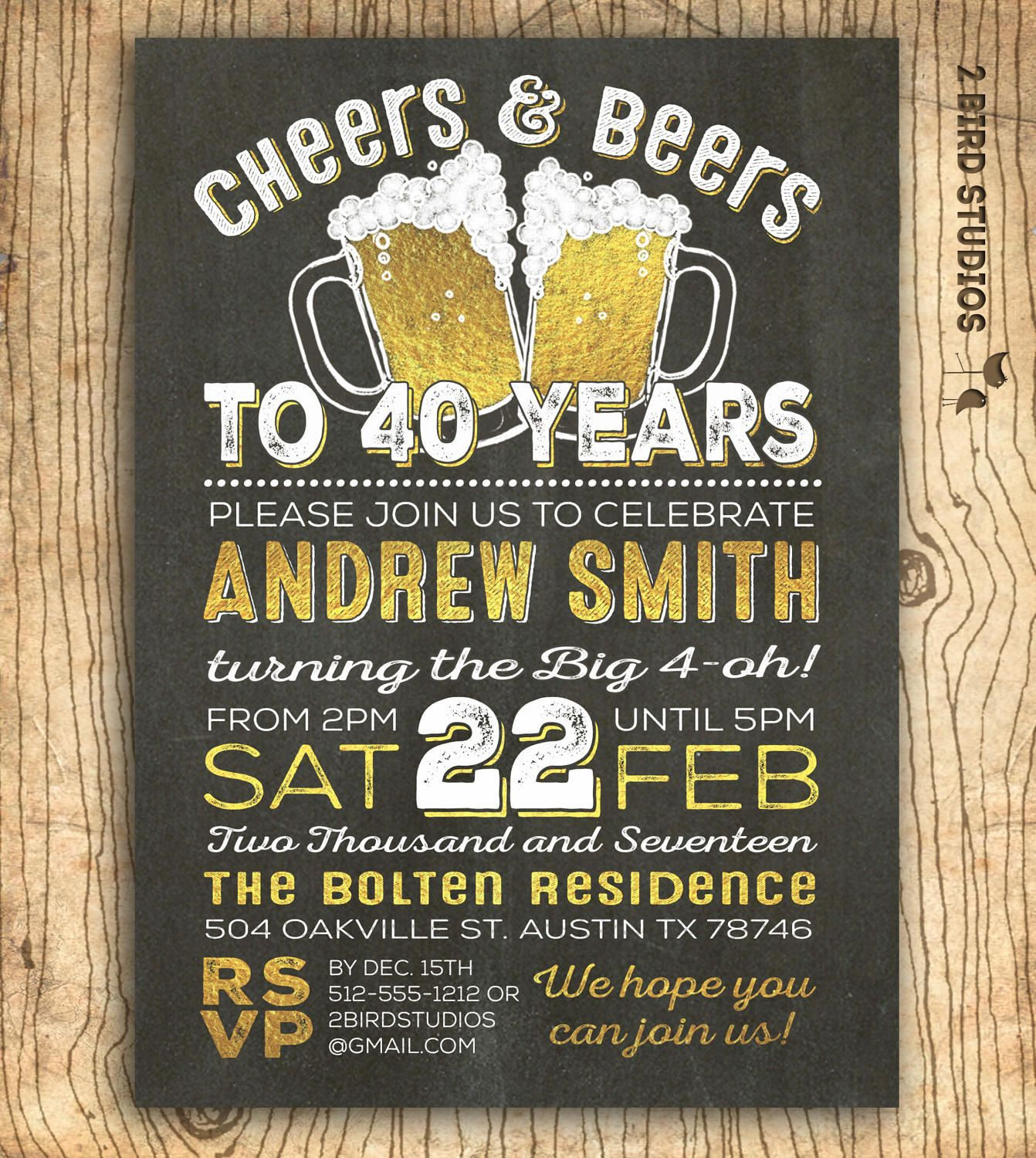 40th Birthday Invitations
 40th birthday invitation for men Cheers & beers to 40 years