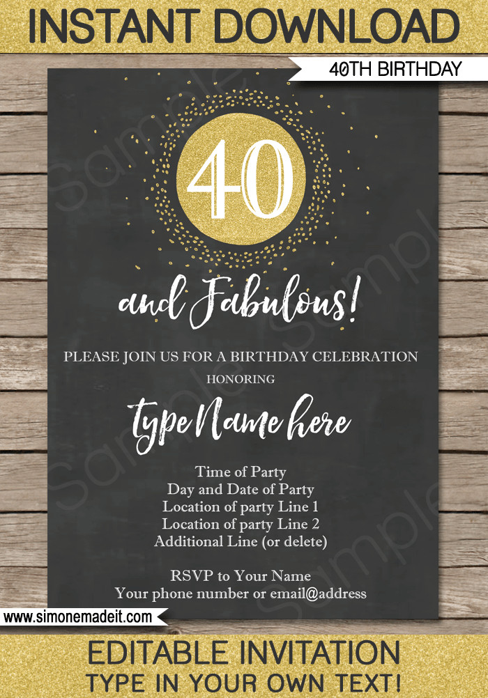 40th Birthday Invitations
 Chalkboard 40th Birthday Invitations Template