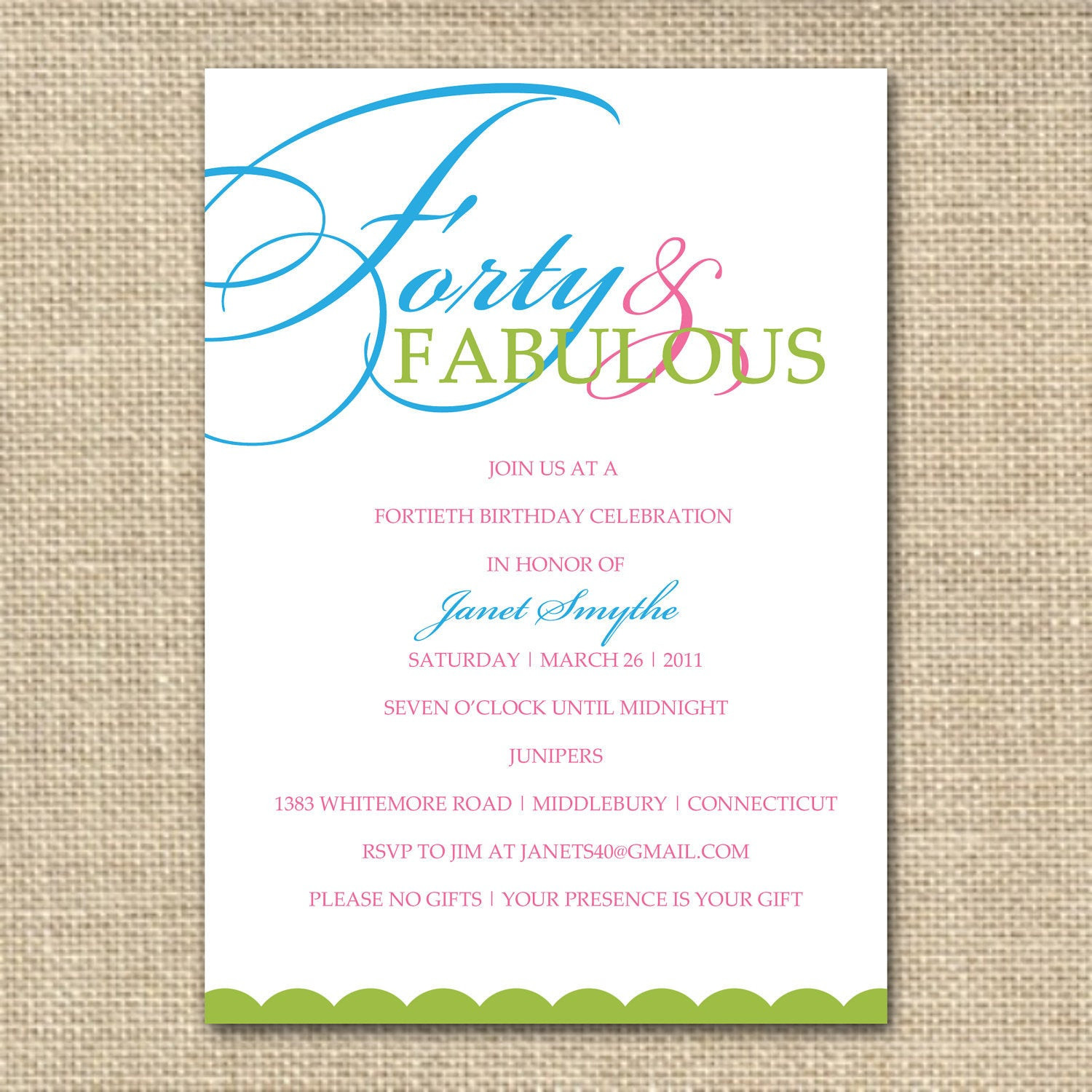 40th Birthday Party Invitation Wording
 40th Birthday Invitation Forty and Fabulous by