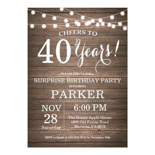 40th Surprise Birthday Invitations
 Rustic Surprise 40th Birthday Invitation Wood