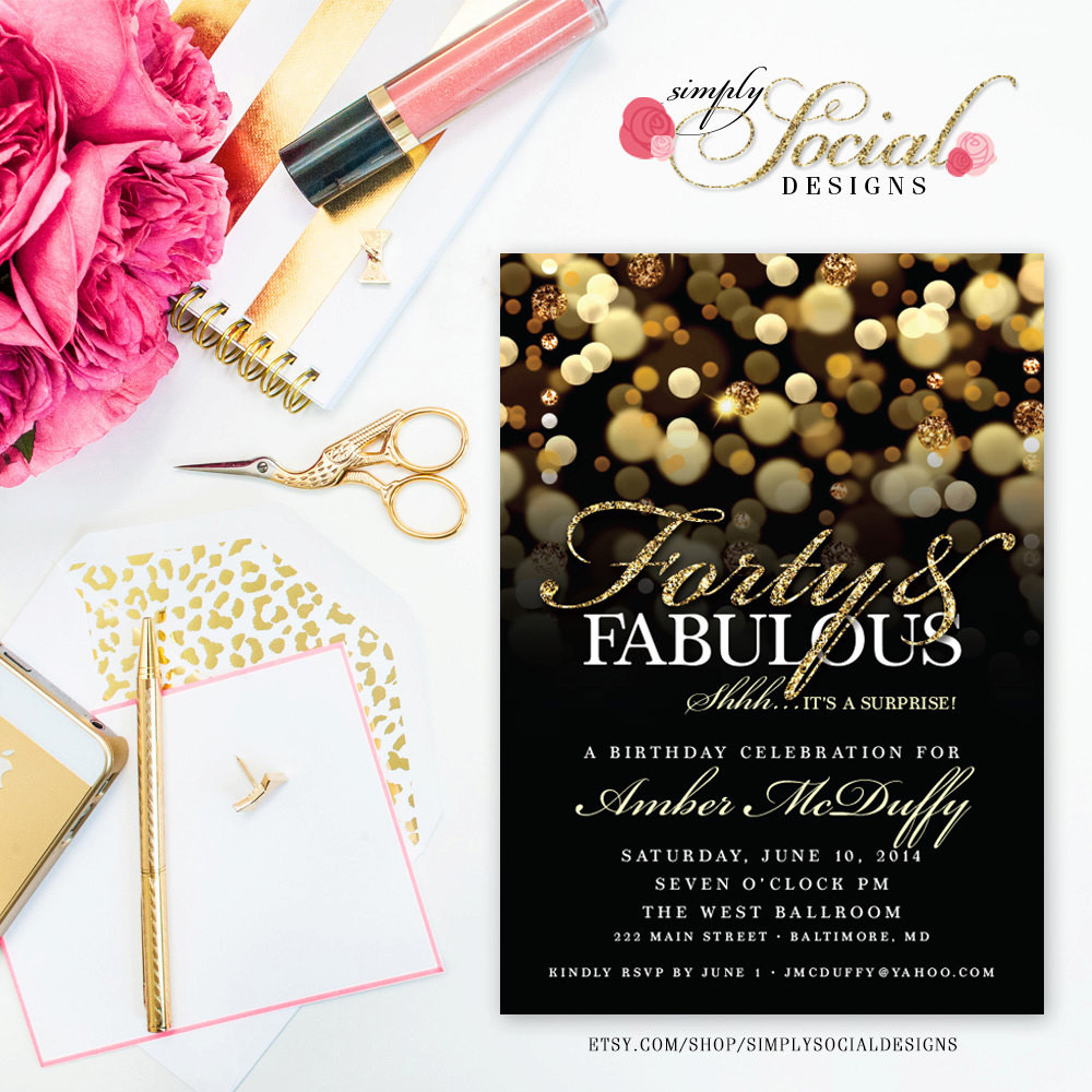 40th Surprise Birthday Invitations
 Surprise 40th Birthday Party Invitation with Gold Glitter