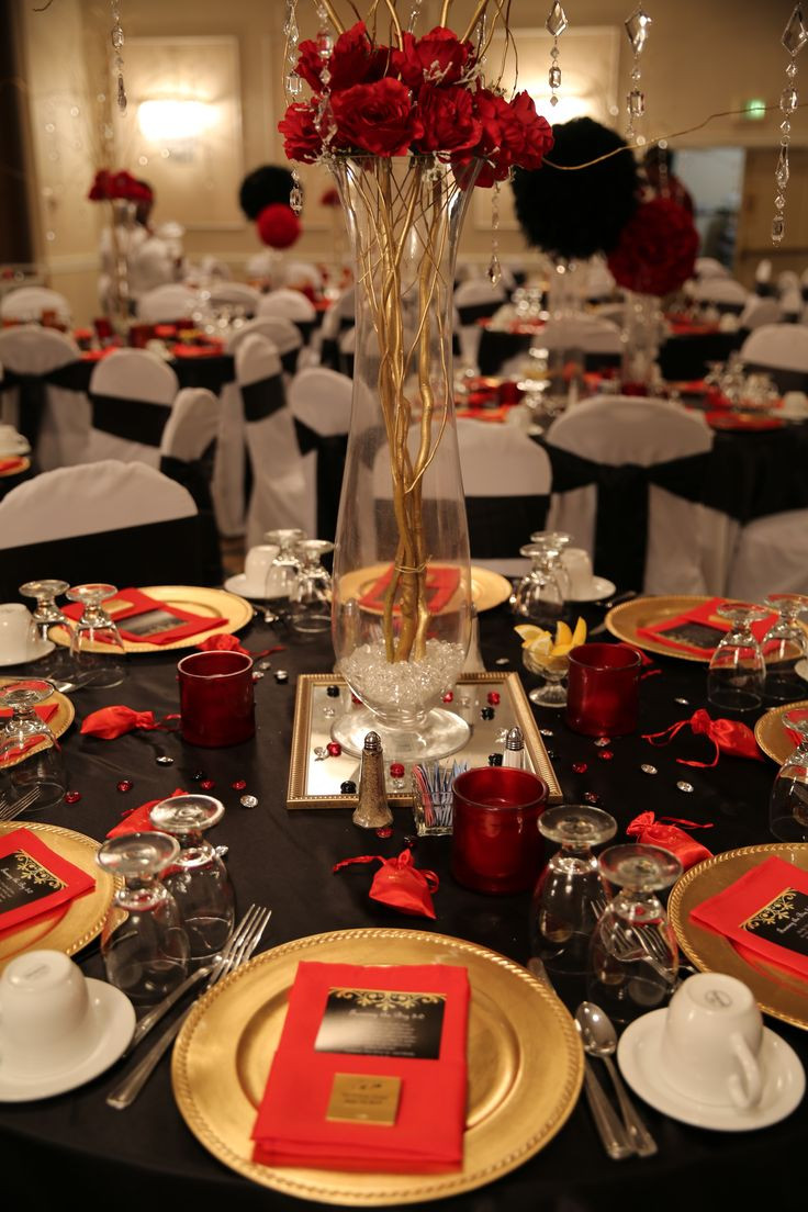 50th Birthday Party Ideas Decorations
 Red black and gold table decorations for 50th birthday